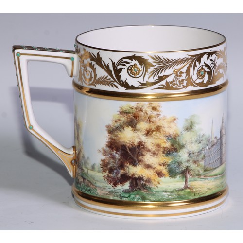 581 - A Lynton Porcelain Company porter mug, painted by Stefan Nowacki, signed, with Men-of-War on choppy ... 