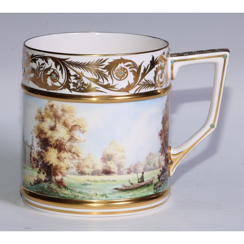 581 - A Lynton Porcelain Company porter mug, painted by Stefan Nowacki, signed, with Men-of-War on choppy ... 