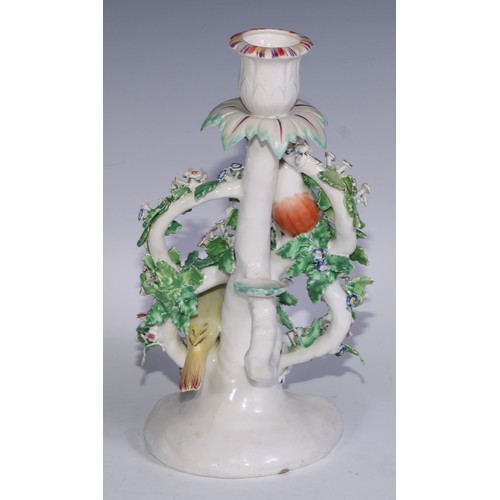 689 - A Derby patch mark figural candlestick, Mars, modelled with his martial attributes, flowering sconce... 