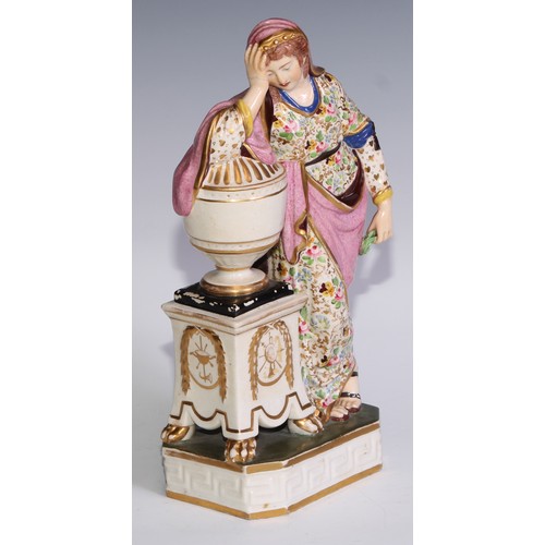 676 - A Derby figure, Andromache, Weeping Over Hectors Ashes, painted in polychrome and picked out in gilt... 