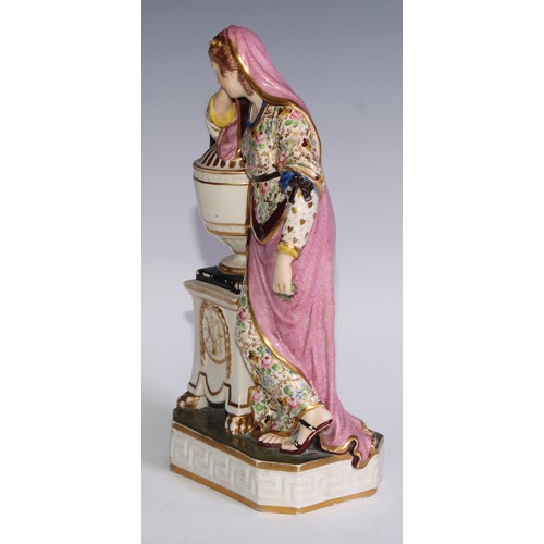 676 - A Derby figure, Andromache, Weeping Over Hectors Ashes, painted in polychrome and picked out in gilt... 