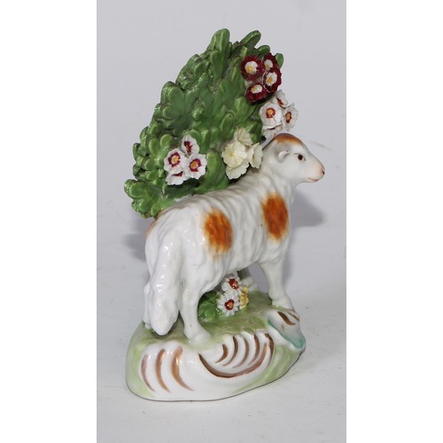 721 - A small patch mark model, of a recumbent ram, 6.5cm high, c.1775; a later English porcelain example ... 