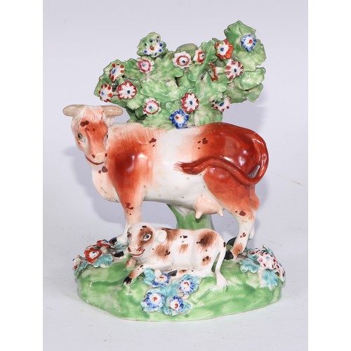 682 - A Derby model, of a cow and her calf, beside a tree, 12.5cm high, c.1815