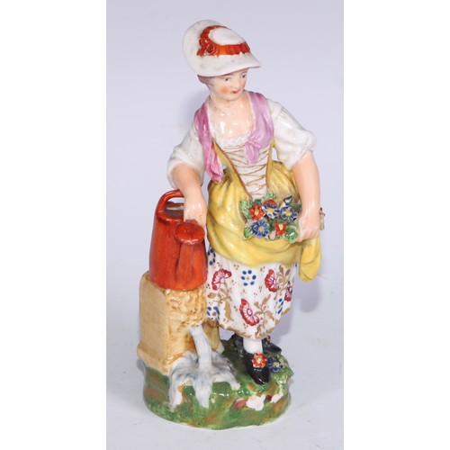 711 - A pair of Derby figures, Companion Gardeners, she with watering cans, he with a plant pot, the talle... 