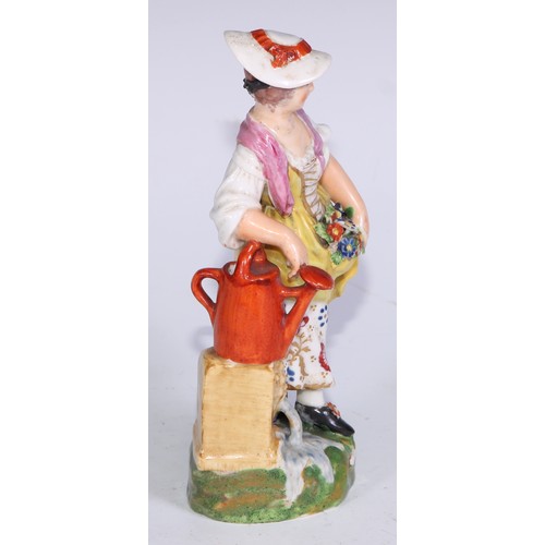 711 - A pair of Derby figures, Companion Gardeners, she with watering cans, he with a plant pot, the talle... 