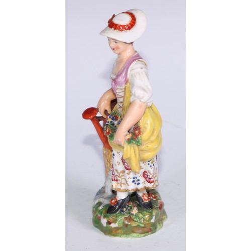 711 - A pair of Derby figures, Companion Gardeners, she with watering cans, he with a plant pot, the talle... 