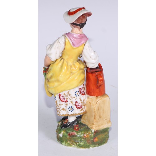 711 - A pair of Derby figures, Companion Gardeners, she with watering cans, he with a plant pot, the talle... 