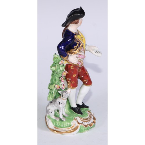 711 - A pair of Derby figures, Companion Gardeners, she with watering cans, he with a plant pot, the talle... 