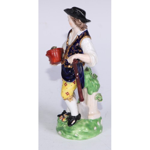 711 - A pair of Derby figures, Companion Gardeners, she with watering cans, he with a plant pot, the talle... 