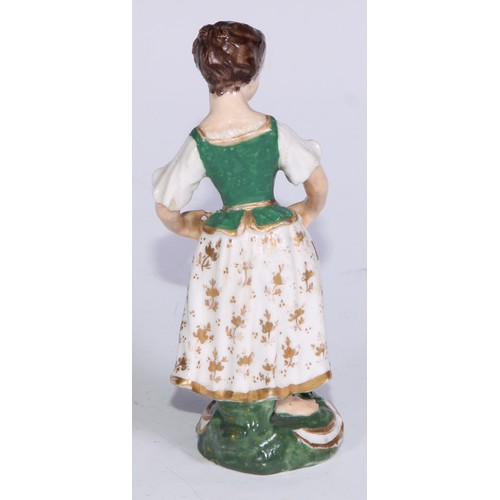 711 - A pair of Derby figures, Companion Gardeners, she with watering cans, he with a plant pot, the talle... 