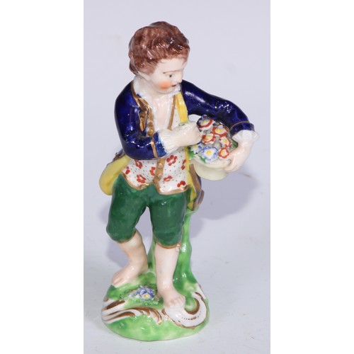 711 - A pair of Derby figures, Companion Gardeners, she with watering cans, he with a plant pot, the talle... 