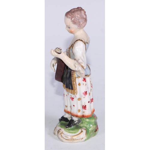 711 - A pair of Derby figures, Companion Gardeners, she with watering cans, he with a plant pot, the talle... 