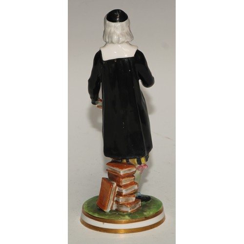 592 - A Derby Crown Porcelain figure, San Grada, modelled with his books, 17cm high, printed mark, c.1880