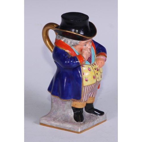 784 - A Sampson Hancock Derby figural jug, The Snuff Taker, 11cm high, red mark; another, infantry soldier... 