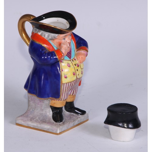 784 - A Sampson Hancock Derby figural jug, The Snuff Taker, 11cm high, red mark; another, infantry soldier... 