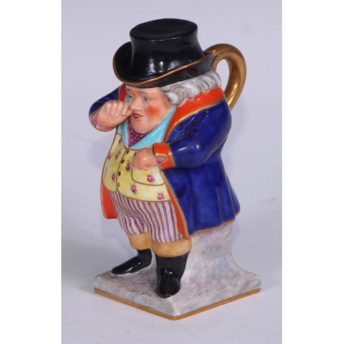 784 - A Sampson Hancock Derby figural jug, The Snuff Taker, 11cm high, red mark; another, infantry soldier... 