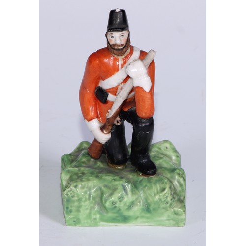 784 - A Sampson Hancock Derby figural jug, The Snuff Taker, 11cm high, red mark; another, infantry soldier... 