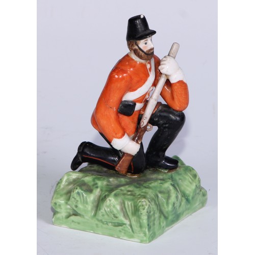 784 - A Sampson Hancock Derby figural jug, The Snuff Taker, 11cm high, red mark; another, infantry soldier... 