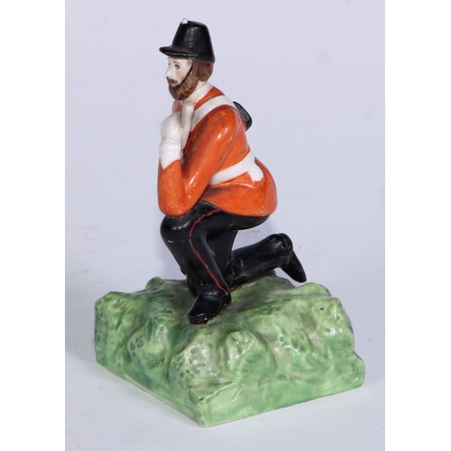 784 - A Sampson Hancock Derby figural jug, The Snuff Taker, 11cm high, red mark; another, infantry soldier... 