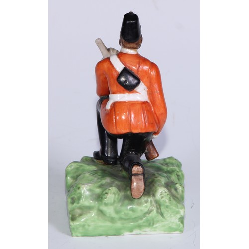 784 - A Sampson Hancock Derby figural jug, The Snuff Taker, 11cm high, red mark; another, infantry soldier... 