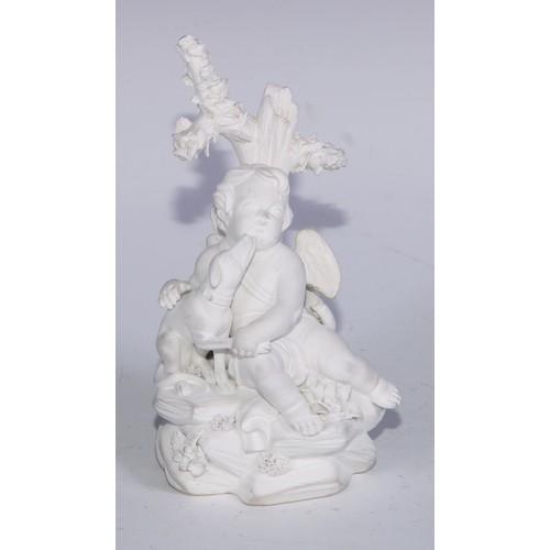 671 - A Derby biscuit porcelain model, of a putto and a dog, no.213, rocky outcrop base, 11.5cm high, c.18... 