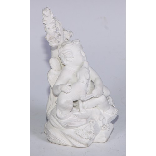 671 - A Derby biscuit porcelain model, of a putto and a dog, no.213, rocky outcrop base, 11.5cm high, c.18... 