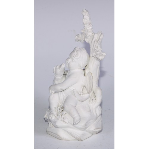 671 - A Derby biscuit porcelain model, of a putto and a dog, no.213, rocky outcrop base, 11.5cm high, c.18... 