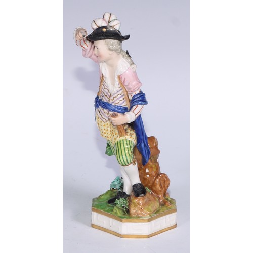 677 - A Derby figure, Fire, emblematic of the element, 16cm high, canted square base, pseudo-Meissen marks... 