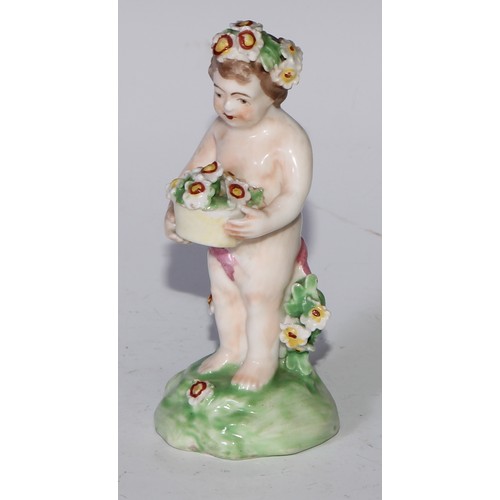 701 - A harlequin set of four Derby patch mark figures, of putti, each modelled with a flowering basket, t... 