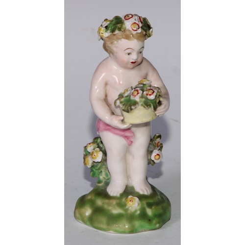 701 - A harlequin set of four Derby patch mark figures, of putti, each modelled with a flowering basket, t... 