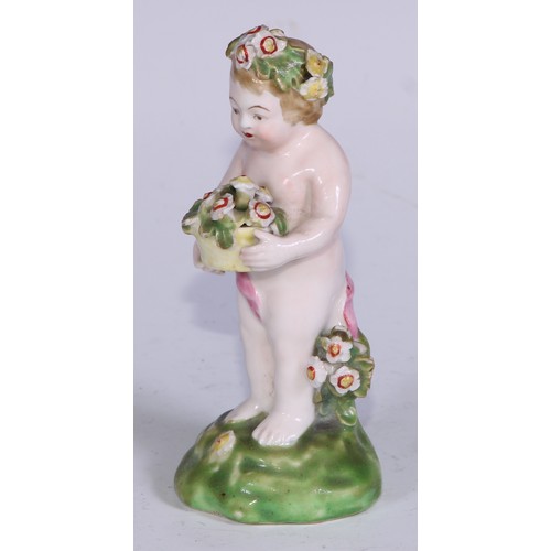 701 - A harlequin set of four Derby patch mark figures, of putti, each modelled with a flowering basket, t... 