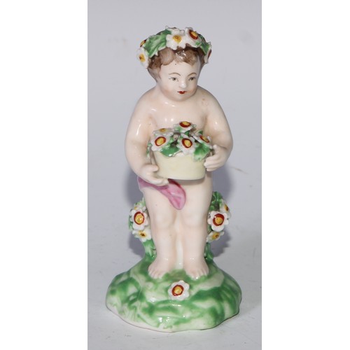 701 - A harlequin set of four Derby patch mark figures, of putti, each modelled with a flowering basket, t... 