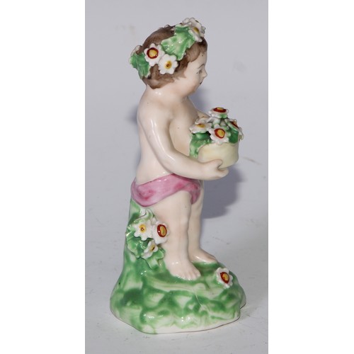 701 - A harlequin set of four Derby patch mark figures, of putti, each modelled with a flowering basket, t... 