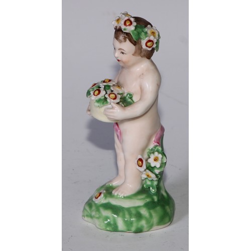 701 - A harlequin set of four Derby patch mark figures, of putti, each modelled with a flowering basket, t... 