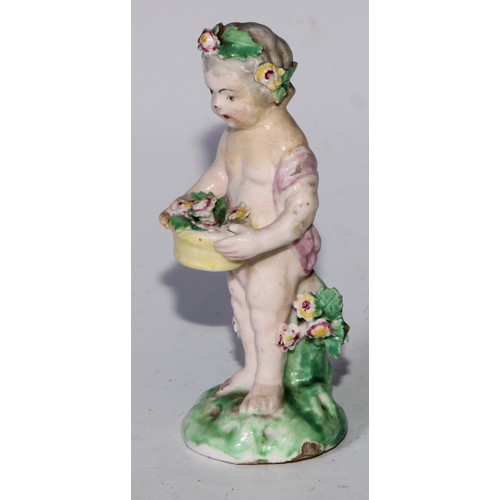 701 - A harlequin set of four Derby patch mark figures, of putti, each modelled with a flowering basket, t... 