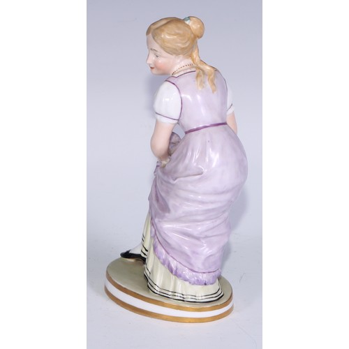 679 - A Derby figure, of a post-Regency lady of fashion, circular base, 20.5cm high, red crown over Derby ... 