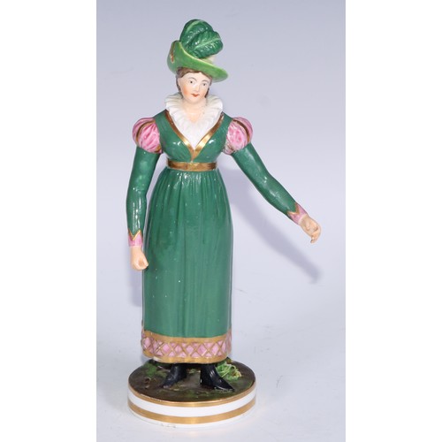 679 - A Derby figure, of a post-Regency lady of fashion, circular base, 20.5cm high, red crown over Derby ... 