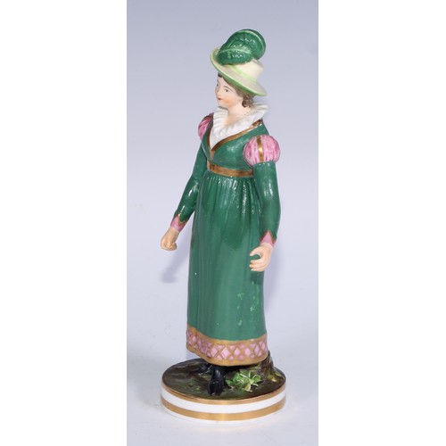 679 - A Derby figure, of a post-Regency lady of fashion, circular base, 20.5cm high, red crown over Derby ... 