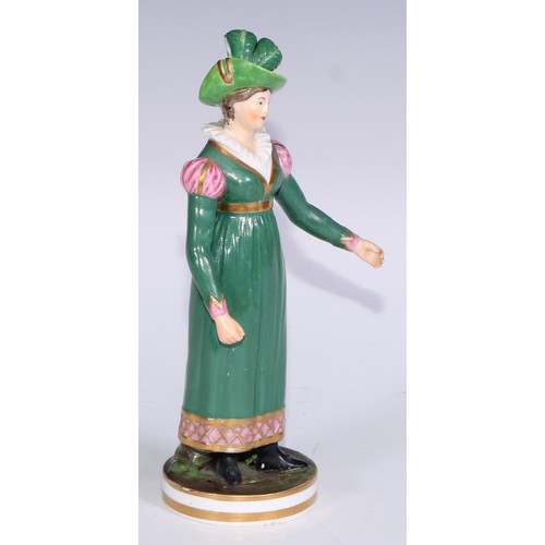 679 - A Derby figure, of a post-Regency lady of fashion, circular base, 20.5cm high, red crown over Derby ... 