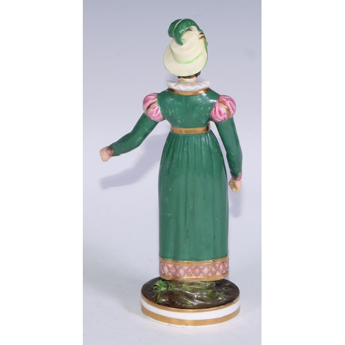 679 - A Derby figure, of a post-Regency lady of fashion, circular base, 20.5cm high, red crown over Derby ... 