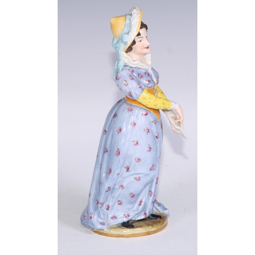 633 - A Royal Crown Derby figure, Mistress Page, from Shakespeare's Merry Wives of Windsor, she stands, ho... 