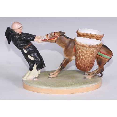 591 - A Derby Crown Porcelain figural sweetmeat stand, modelled as a friar and donkey, 28cm long, printed ... 