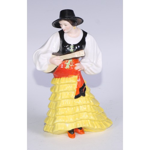 636 - A Royal Crown Derby figure, Spanish Duet, he stands wearing a black hat and and long cape, holding a... 