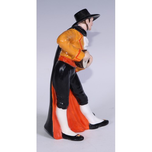 636 - A Royal Crown Derby figure, Spanish Duet, he stands wearing a black hat and and long cape, holding a... 