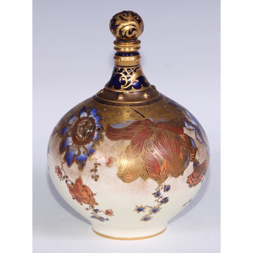 628 - A Royal Crown Derby compressed globular bottle vase and stopper, decorated in green and gilt with fl... 