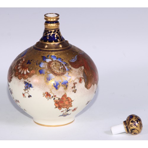 628 - A Royal Crown Derby compressed globular bottle vase and stopper, decorated in green and gilt with fl... 