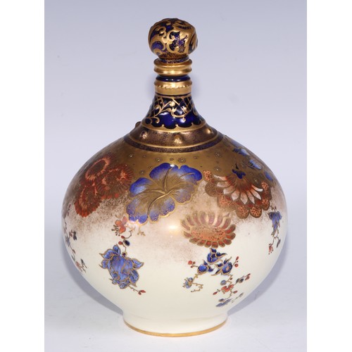 628 - A Royal Crown Derby compressed globular bottle vase and stopper, decorated in green and gilt with fl... 