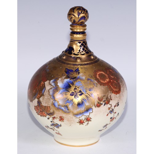 628 - A Royal Crown Derby compressed globular bottle vase and stopper, decorated in green and gilt with fl... 