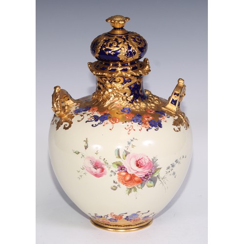 657 - A Royal Crown Derby two-handled ovoid vase and cover, printed in polychrome and gilt with flowers on... 