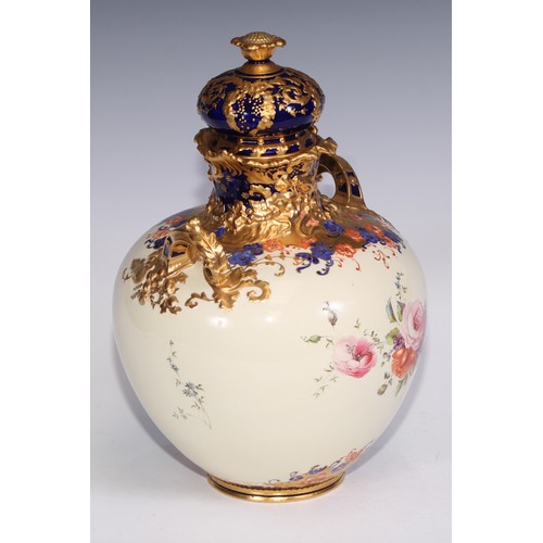 657 - A Royal Crown Derby two-handled ovoid vase and cover, printed in polychrome and gilt with flowers on... 